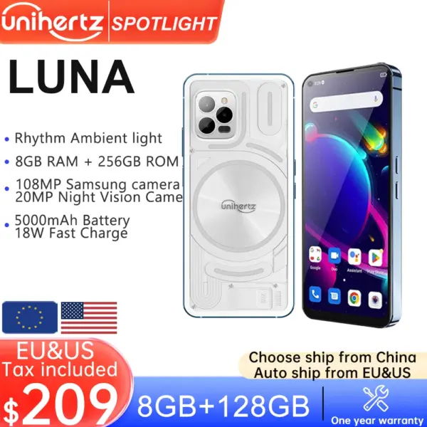 Unihertz Luna Smartphone Rhythm Ambient LED strip Music Phone 8GB RAM 256GB ROM 108MP G99 Mobile Phone Night Vision Cellphone