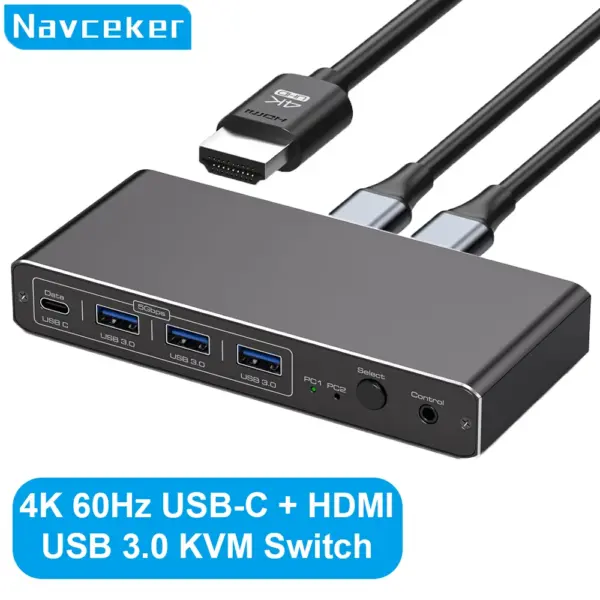 Navceker 2K 120Hz Thunderbolt USB C HDMI KVM Switch 100W PD Charge Type C USB KVM Switcher for PC Desktop Macbook 1 HDMI Monitor