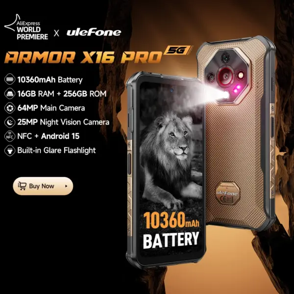 【World Premiere】Ulefone Armor X16 Pro 5G Rugged Phone 10360mAh Battery 256GB ROM NFC Android Smartphone with Google Gemini