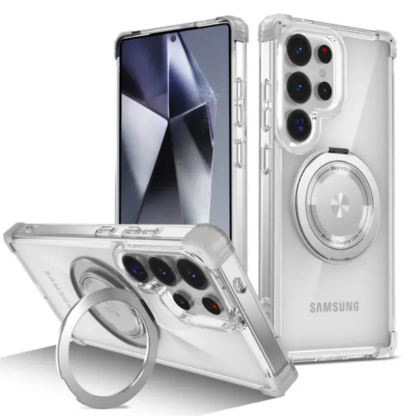 Rotating Magnetic Folding Stand Transparent Phone Case for Samsung S25 Edge S24 S23 Plus FE S21 Ultra Armor Shockproof Cover