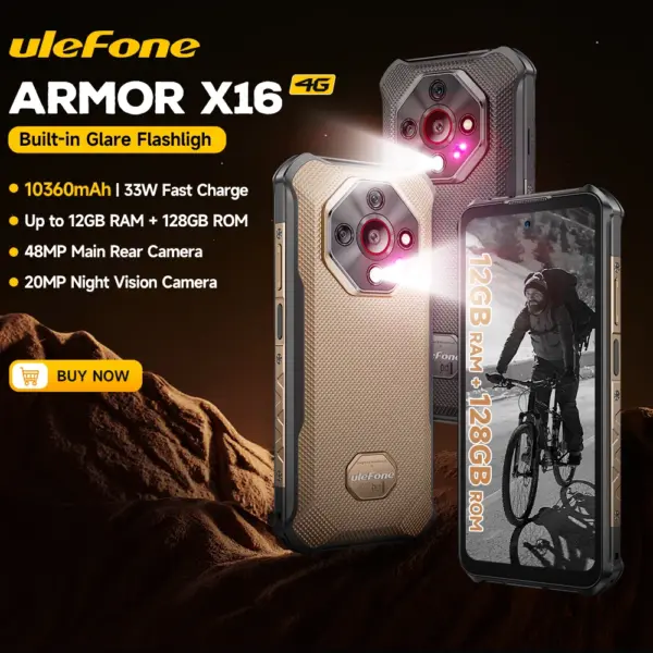 【2025 New】Ulefone Armor X16 4G Rugged Phone Smartphone Android 15 Up to 12GB+128GB 10360mAh Glare Flashlight 48MP Main Camera