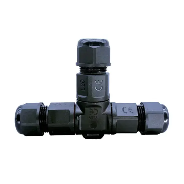 TL20 three way IP68 waterproof connector, black T type outdoor waterproof connector, one to three wire connection