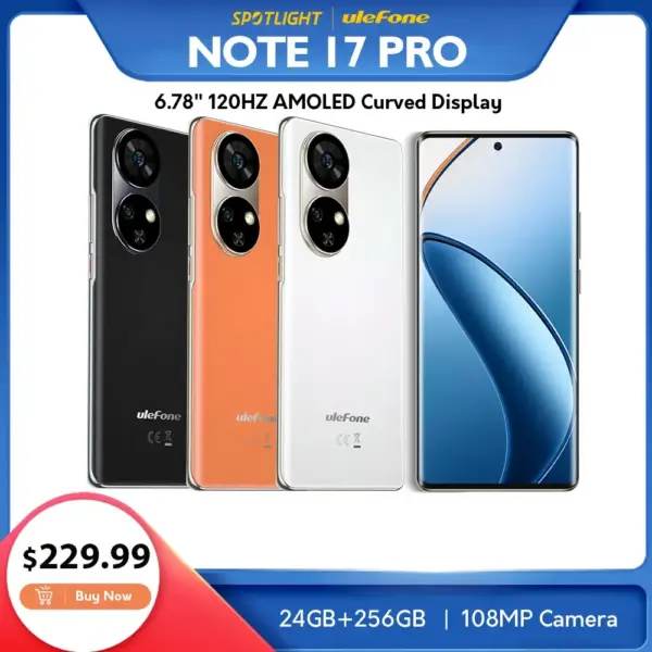 Ulefone Note 17 Pro Smartphone 6.78" 120HZ AMOLED Curved Display 24GB+256GB 108MP Camera 5050mAh Global Version