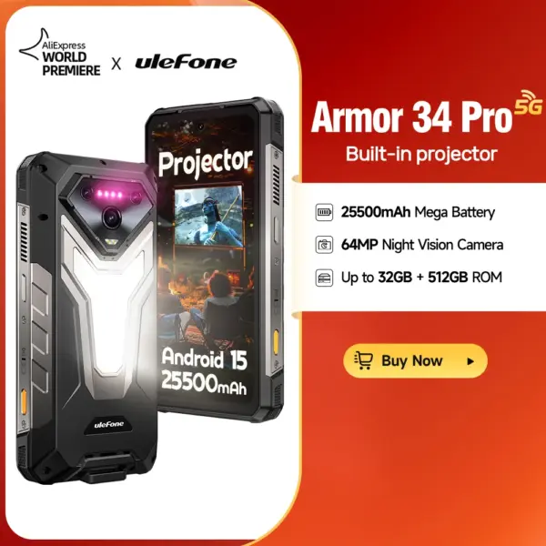 【NEW】Ulefone AI Smartphone Armor 34 Pro 5G 25500mAh Built-in Projector 512GB ROM 120Hz 6.95" NFC Smartphone Mobile Phone