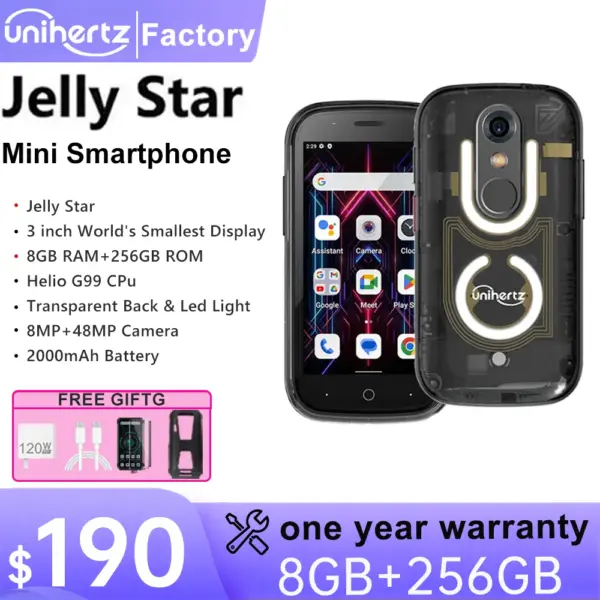 Unihertz Jelly Star Smallest Android 13 Smartphone 8GB 256GB Led Light Transparent Backshell Mobile Phone 48MP 3inch Cellphones
