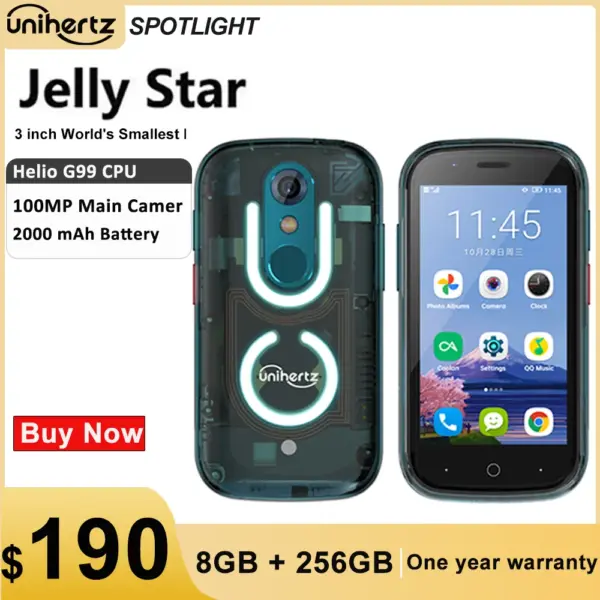 Unihertz Jelly Star Mini Smartphone Android 13 8GB 256GB Led Light Unlocked Transparent Backshell Cellphones 48MP Portable Phone