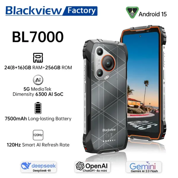 BLACKVIEW BL7000 Smartphone 5G 6.78" HD+2.4K Display 120Hz, 24(8+16)GB 256GB Cerllphone, 7500Amh Battery Android 15 Rugged Phone