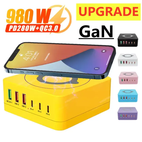 980W GaN USB C Charger Desktop Wireless Charger Type C 260W PD3.0 PPS QC3.0 Fast Charging for MacBook Tablet Samsung iPhone 16