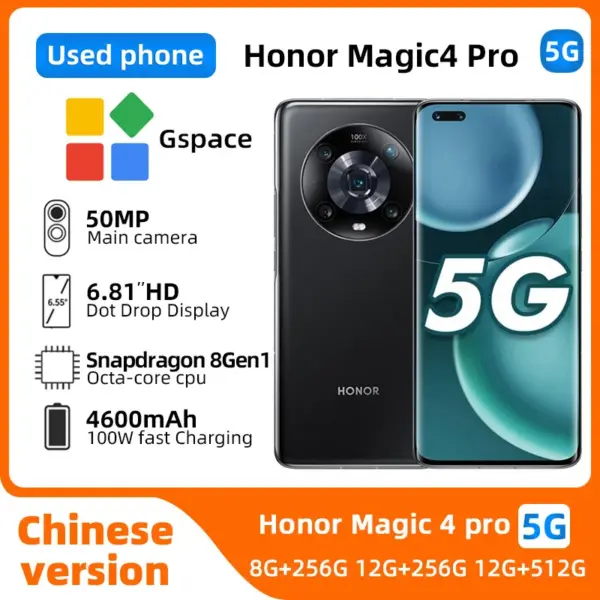 HONOR Magic 4 Pro 5g CPU Snapdragon 8 Gen Smartphone 6.81 Inches 120Hz Screen 4600mAh Battery NFC Used Phone