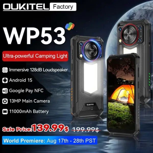 World premier Oukitel WP53 Rugged Phone 6.52" HD Camping Light Telephone Portable 24G(8+16)+128GB 11000mAh Smartphone Android 15