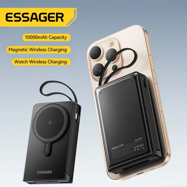 Essager 10000mAh Magnetic Power Bank 5 in 1 Wireless Fast Charger Stand With USB C Cable For Magsafe iPhone Watch Earbuds Xiaomi