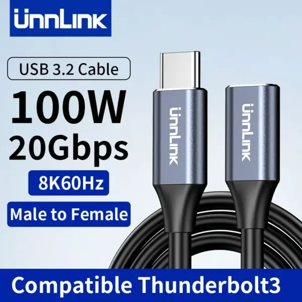 Unnlink USB C Extension Cable 20Gbps USB 3.2 Gen 2 PD 100W Charging Compatible Thunderbolt 3 for Macbook Samsung USB Hub Dock 8k