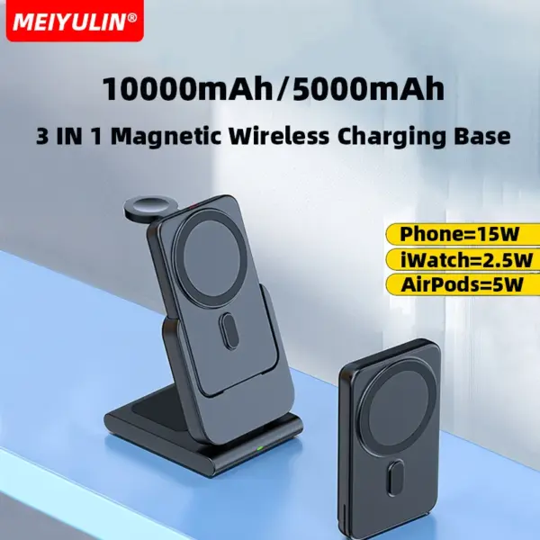 3in1 10000mAh Magnetic Wireless Power Bank Fast Charging Base Stand 5000mAh Portable External Battery for Apple iWatch iPhone 15