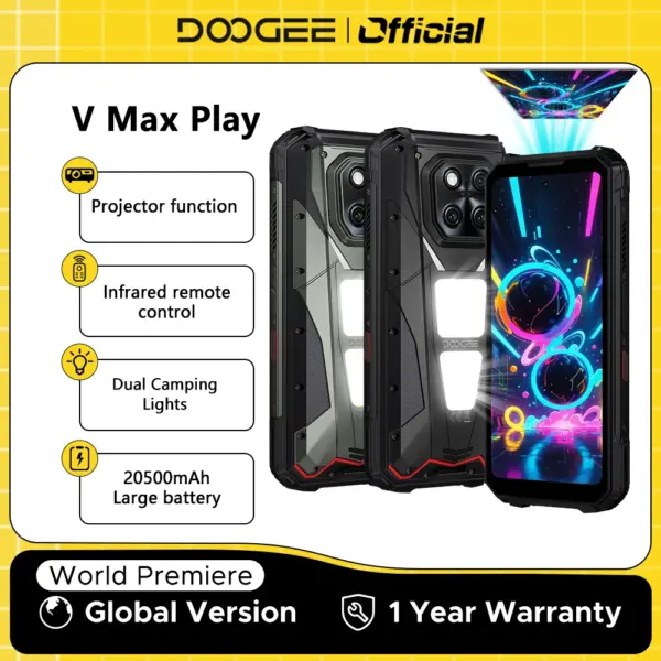 World Premiere DOOGEE V Max Play 5G Projector Rugged Phone 20500mAh Dual Camping Lights Dimensity 7300 16GB+512GB NFC Smartphone