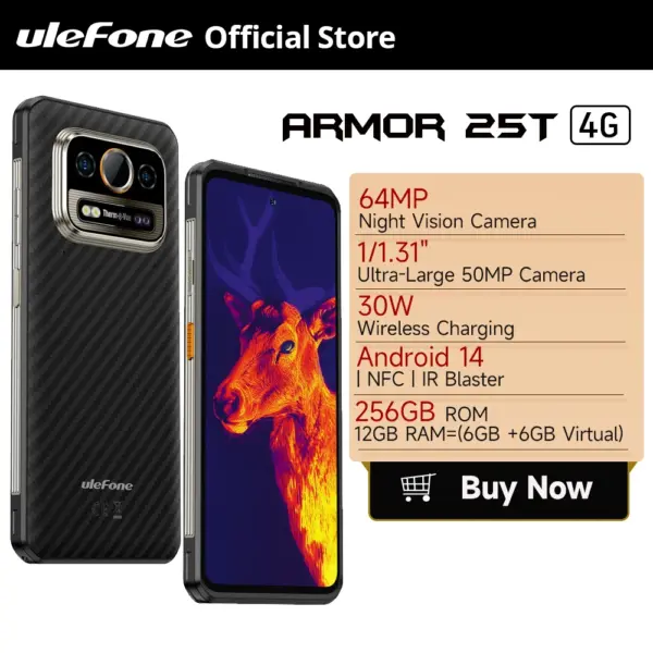 Ulefone Armor 25T 4G Rugged Phone Android 14 33W 50MP+64MP Night Camera NFC Waterproof Smartphone 6.78" 120Hz 256GB ROM Global