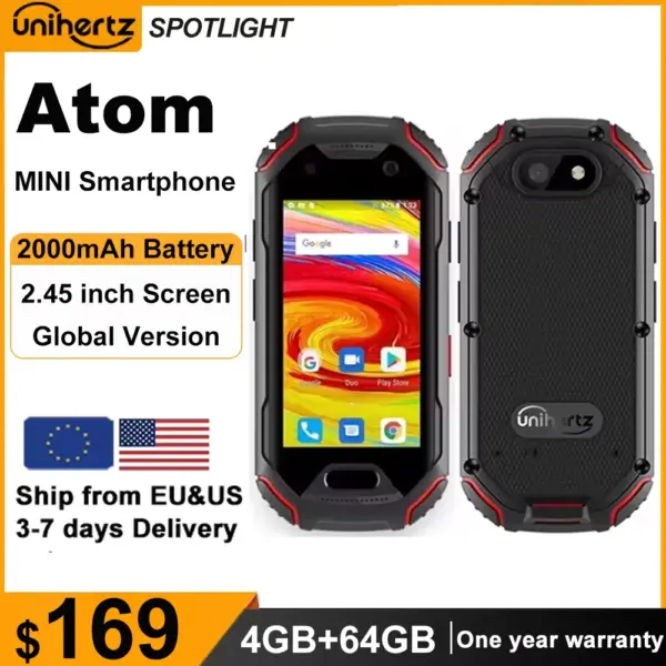 Unihertz ATOM Mini Rugged Smartphone 4GB 64GB Android 9 Octa Core 2.45 inch Unlocked Cellphone 2000mAh NFC