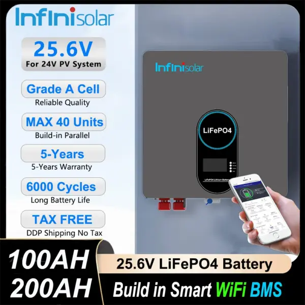 Infinisolar 24V LiFePO4 Battery Pack 100Ah 200Ah Grade A Cells 6000+ Cycles WiFi BMS CAN RS485 Lithium Battery For Solar System