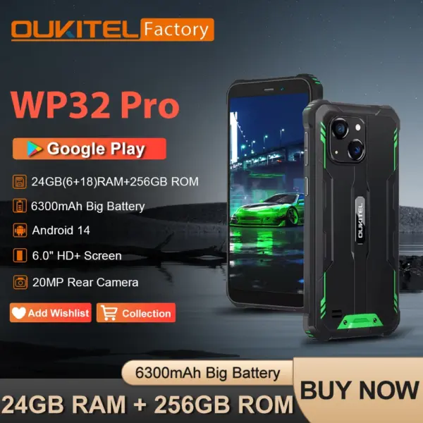 Oukitel WP32 Pro Rugged Smartphone 24GB+256GB 6" HD 20MP Cellphone NFC 6300mAh Octa Core Mobile phone