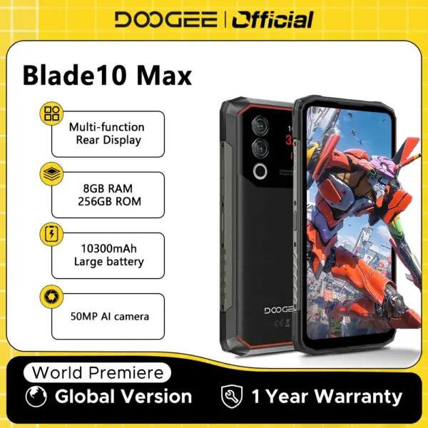 DOOGEE Blade10 Max Rugged Phone 6.56" 90Hz IPS Display 8GB 256GB 1.54" Rear Display 50MP AI Main Camera 10300mAh 18W Charge