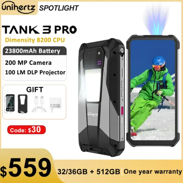Unihertz Tank 3 Pro 8849 Rugged Smartphone android 5G with 100 Lumens Projector 32/36GB 512GB 23800mAh Waterproof 200MP phones