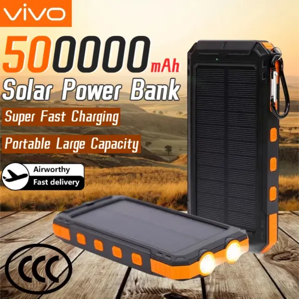 VIVO 500000mAh Solar Power Bank Portable Large Capacity Charger Compatible USB-A And USB-C With Flashlight For Xiaomi IPhone