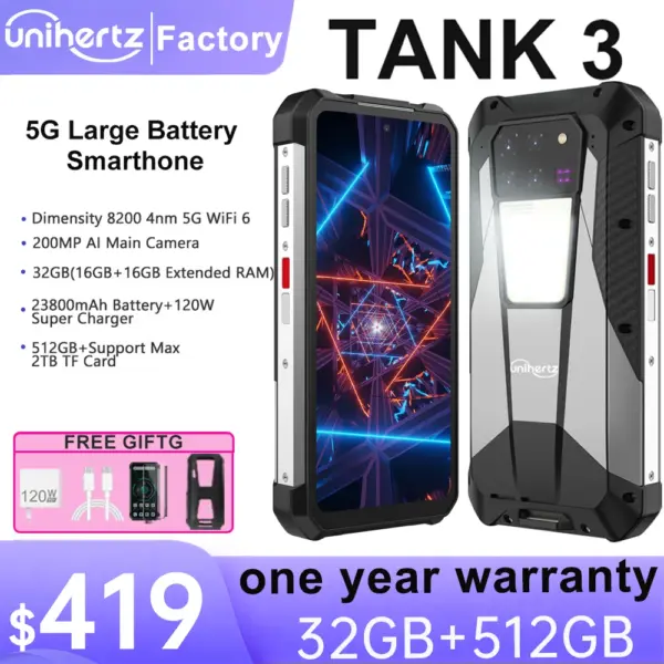 Unihertz Tank 3 8849 Android 13 Smartphone Rugged 23800mAh 32GB 512GB 200MP 5G Mobile Phone Waterproof 120W Night Vision Phones