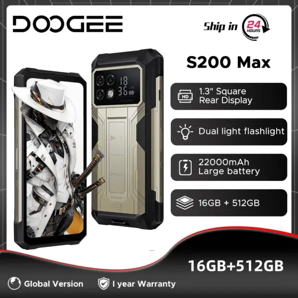 Global Version DOOGEE S200 Max Rugged Phone 16GB 512GB 22000mAh Battery 66W Dual light flashlight 1.32" Rear Display Android 15