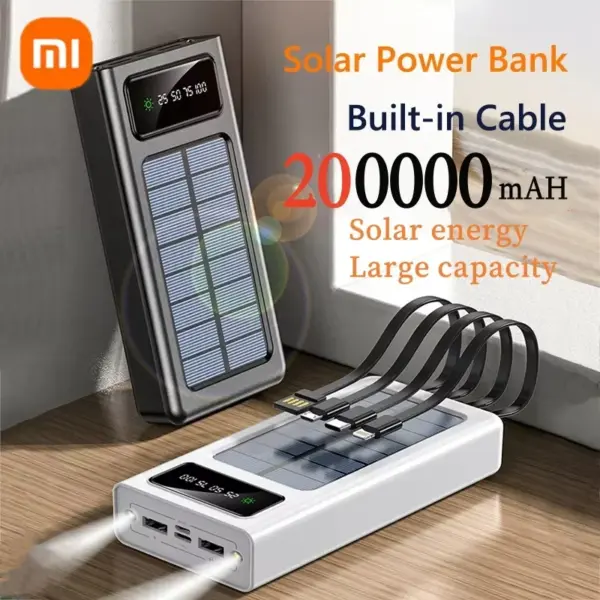 XIAOMI Solar Power Bank 200000mAh Large Capacity Mobile Power Fast Charging Battery With Dual USB 4 Cables For iPhone Samsung