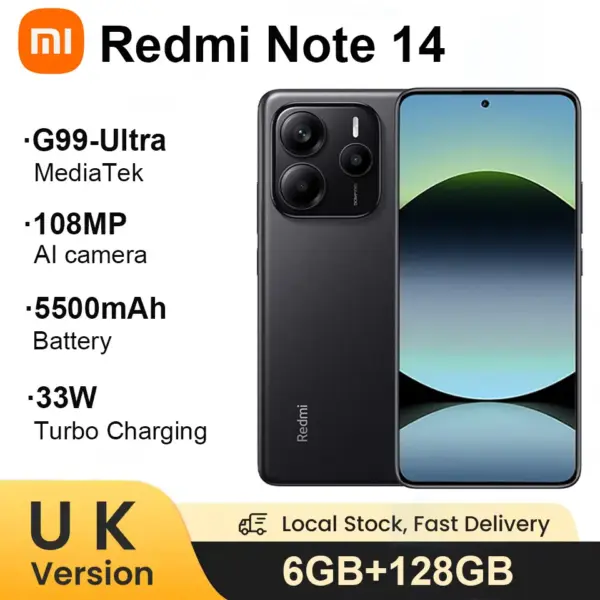 UK Version Xiaomi Redmi Note 14 4G Smartphone 128GB 108MP Main Camera MediaTek Helio G99-Ultra 6.67" AMOLED 120Hz Display