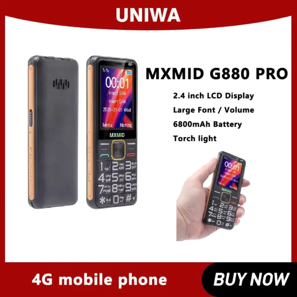 UNIWA MXMID G888 PRO 4G Feature Phone 2.4 Inch LCD Display Large Fronts Big Volume For Elder 6800mAh Torch light Russia Keyboard