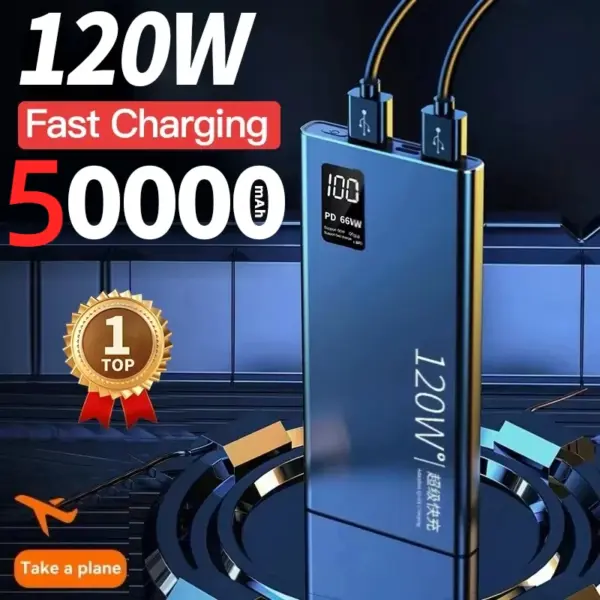 120W Power Bank 50000mAh High Capacity Fast Charging Portable Battery Charger For iPhone Samsung Huawei