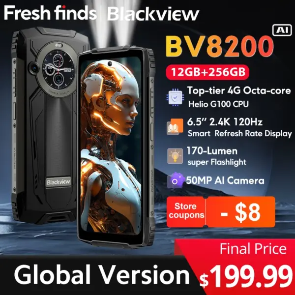 【World premiere】Blackview BV8200 Rugged phone 6.5" 2.4K 120Hz Display Helio G100 12GB 256GB NFC Flashlight Android 14 CellPhone