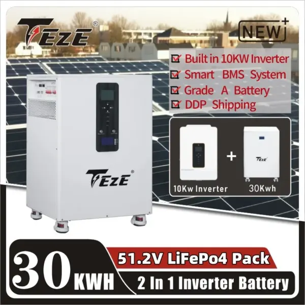 TezePower 51.2V 30KWH All In One Powerwall Home Energy Storage Mobile ESS Built-in 10KW Inverter 28KWH 2-IN-1 Home Battery