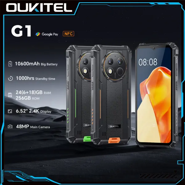 OUKITEL G1 Rugged Phone - 10600mAh, 24(6+18)GB+256GB, 6.52" Display, IP68 Waterproof, NFC Smartphone, Android 14,48MP Camera