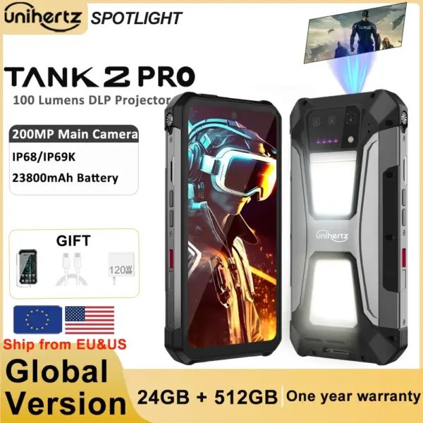 Unihertz tank 2 Pro 8849 rugged smartphone with projector 2.4K 23800 mAh 24GB + 512GB mobile phone Android 14 100MP NFC cell phone