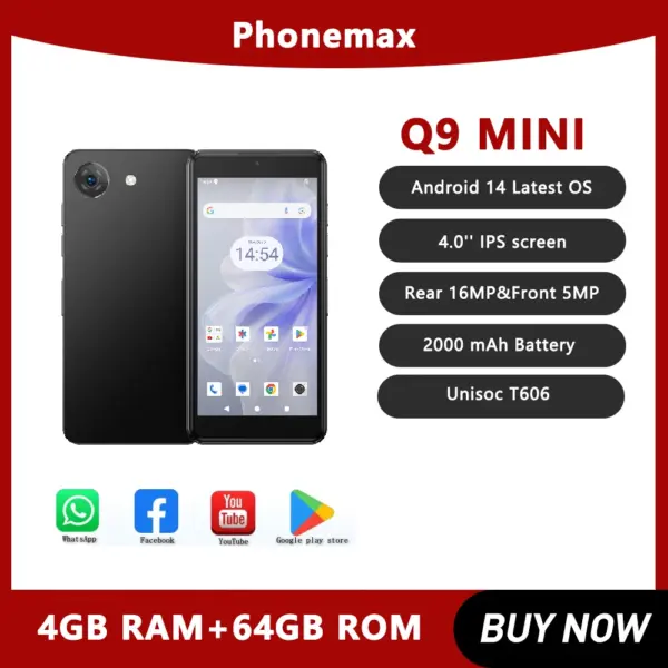 UNIWA Phonemax Q9MIN 4G Smartphone 4.0 Inch Display Small Phone 4GB RAM +64GB ROM 16MP 2000mAh SOS Android 14 Unisoc T606
