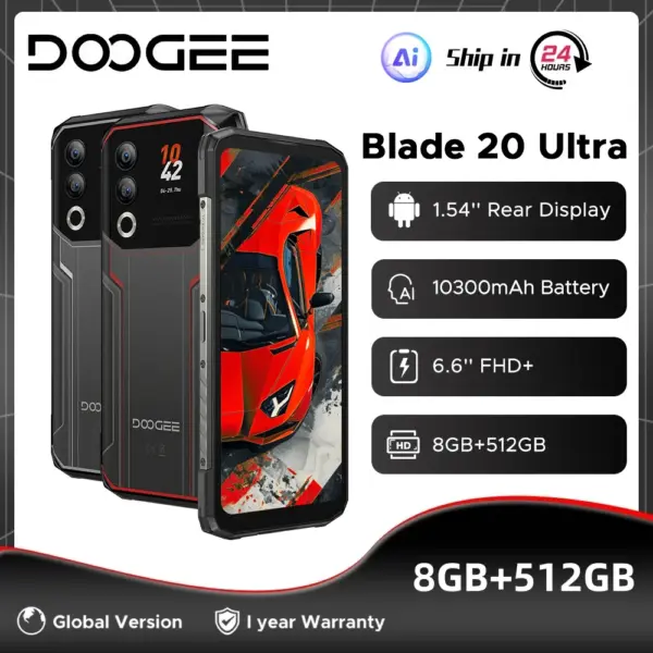Global Version DOOGEE Blade20 Ultra Rugged Phone 32GB(8+24) 512GB 6.6” HD+ 10300mAh Battery Smart Rear Display 50MP Camera NFC