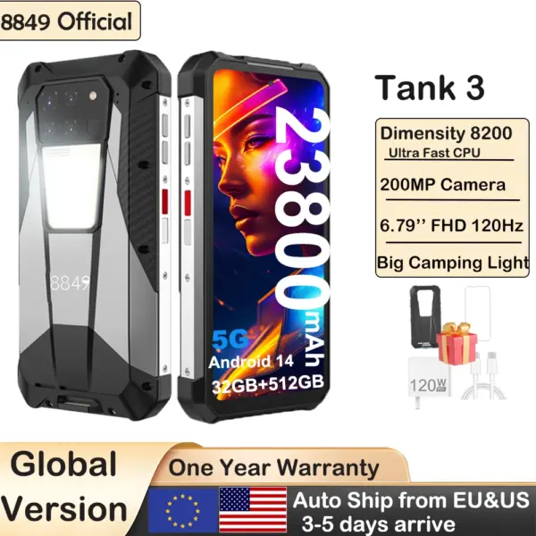8849 Tank 3 Rugged Smartphone Android 5G 32+512GB 23800mAh 120W Charger 200MP 120Hz GPS Dual SIM Cell Phone