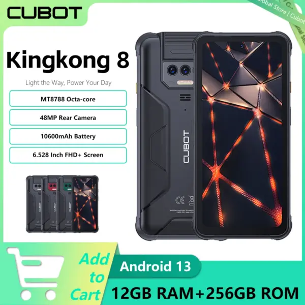 IP68 Waterproof Rugged Smartphone Android 13 Cubot KingKong 8 Octa-core 12GB RAM(6+6GB) 256GB ROM 10600mAh 48MP Camera NFC