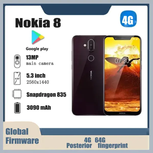 Nokia 8 Smartphone 4G SmartPhone CPU Qualcomm Snapdragon 835 Battery capacity 3090mAh 13MP Cameraoriginal used phone