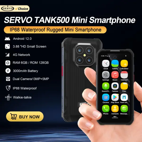 SERVO TANK500 IP68 Waterproof Mini Smartphone 4G LTE Android12 OS 6GB+128GB 13MP Camera Face Unlock 3.88" Small Rugged Cellphone