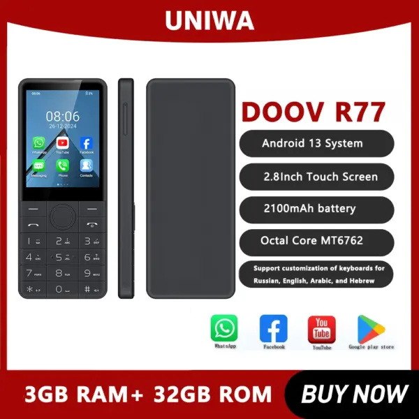 DOOV R77 Smart Touch Screen Keypad 4G Mobile Phone without Camera 3GB+32GB 2100mAh 2.8 Inch Smartphone Android Hebrew keyboard