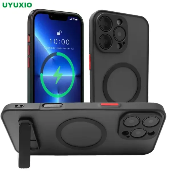 UYUXIO Magnetic Mobile Phone Case with Stand for iPhone 16 Pro Max 15 14 Plus 13 12 Mini 11 Translucent Cover with Kickstand