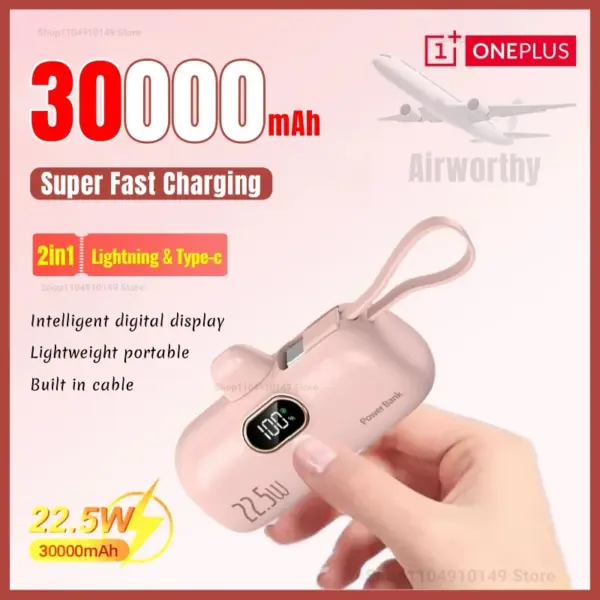 Oneplus Portable 30000mAh Power Bank Capsule Mobile Power Supply Mini External Battery Large Capacity Fast Charge For Iphone