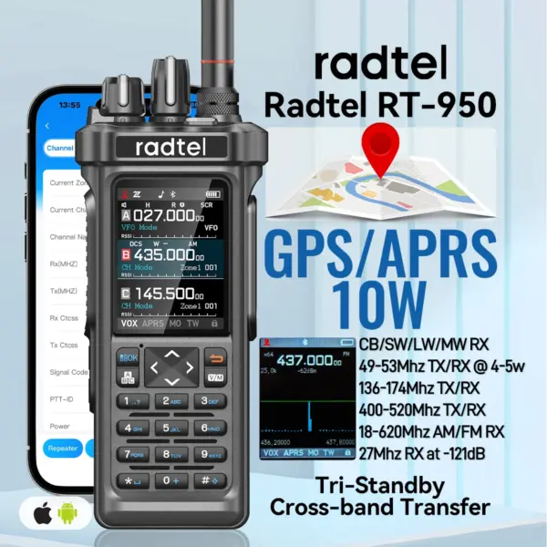 Radtel RT-950 OR RT-950 Pro GPS APRS Walkie Talkie AM/FM/CB Receiver with 10W Bluetooth Phone Programming Ham Radio Tri Standby