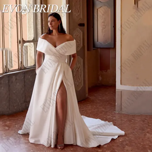 EVON BRIDAL Elegant Off Shoulder Wedding Dress Plus Size Bride Side Split Satin Bride Gowns With Pocket Wedding Gowns Customized