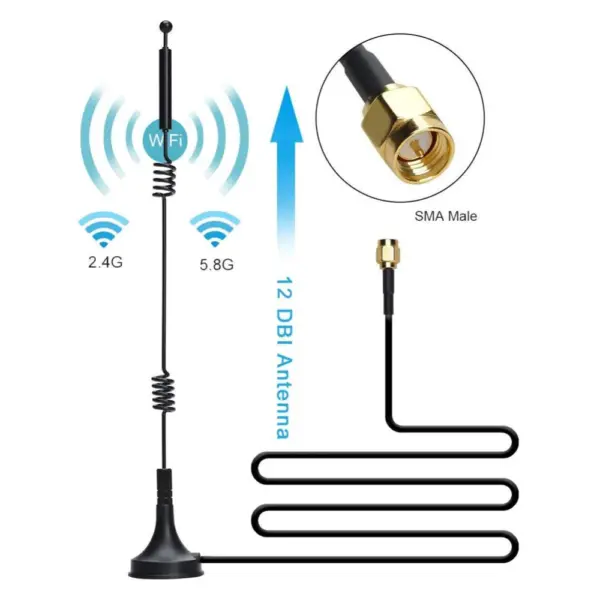 12dbi WIFI Antenna 2.4G/5.8G Dual Band pole antenna SMA Male with Magnetic base for Router Camera Signal Booster