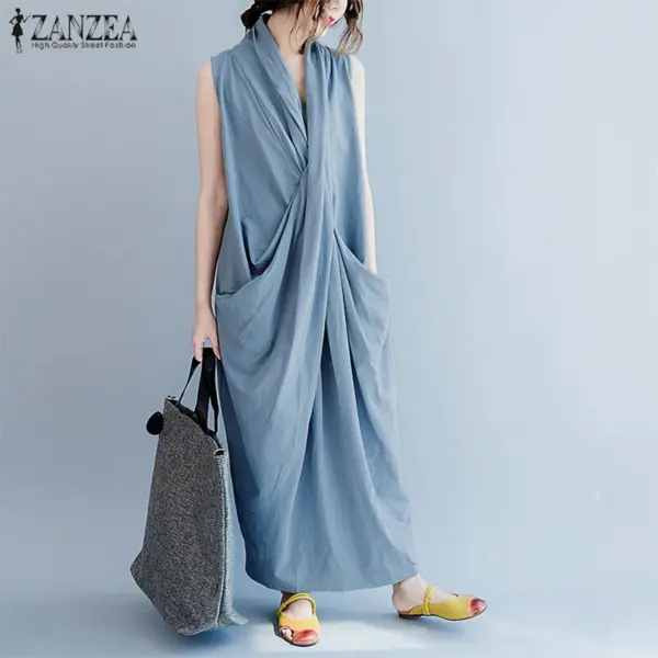 ZANZEA Oversize Asymmetrical Maxi Dress Women's Summer 2025 Holiday Sundress Female V Neck Draped Vestidos Rayon Robes Femme