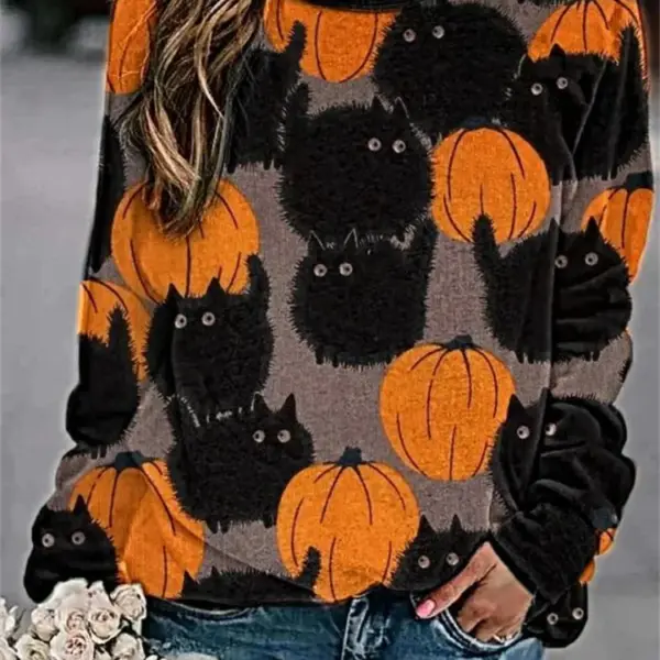 2022 Autumn Women New Halloween Cat Printed Sweatshirt Ladies O Neck Long Sleeve Casual Loose Hoodie Streetwear Pullover Tops