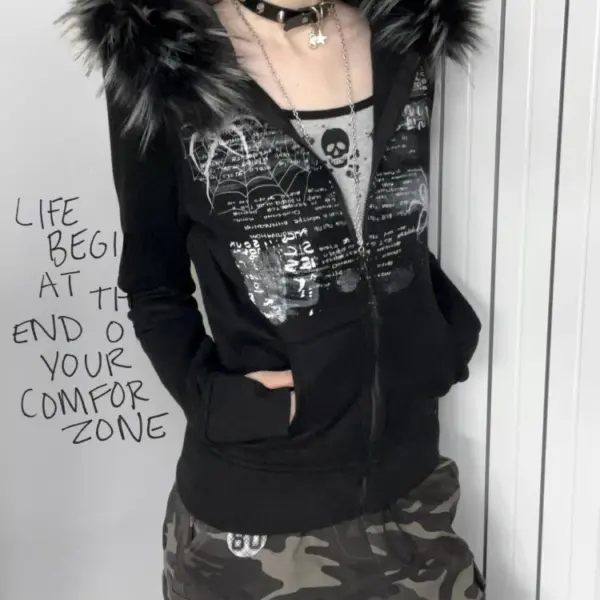 Y2k Fur Patchwork Grunge Hoodies Women Streetwear Vintage Harajuku Gothic Print Hooded Sweatshirt Coat Aesthetic Slim Jacket